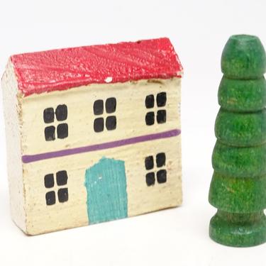 Vintage Toy German House and Tree, Hand Made of Wood and Hand Painted Antique Erzgebirge Toys 