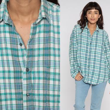 Plaid Flannel Green Blue Plaid Shirt 90s Grunge Long Sleeve Button Up 1990s Lumberjack Vintage 80s Medium Large 