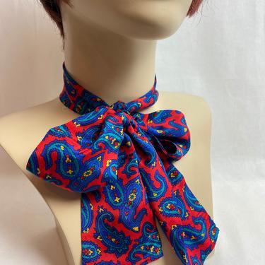 Vintage 100% silk women’s neck tie/ pussycat bow accessory~ long thin versatile scarves~ colorful paisley print 
