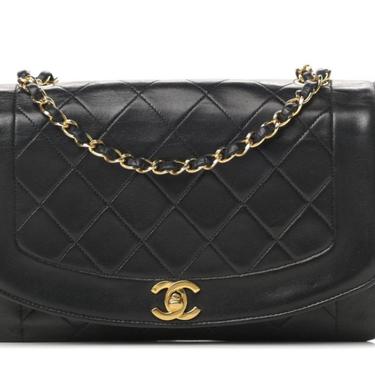 Vintage 90's CHANEL CC Logo Turnlock DIANA Black Quilted Leather Classic Flap Crossbody Shoulder Bag Gold Chain Strap - Great Cond! 