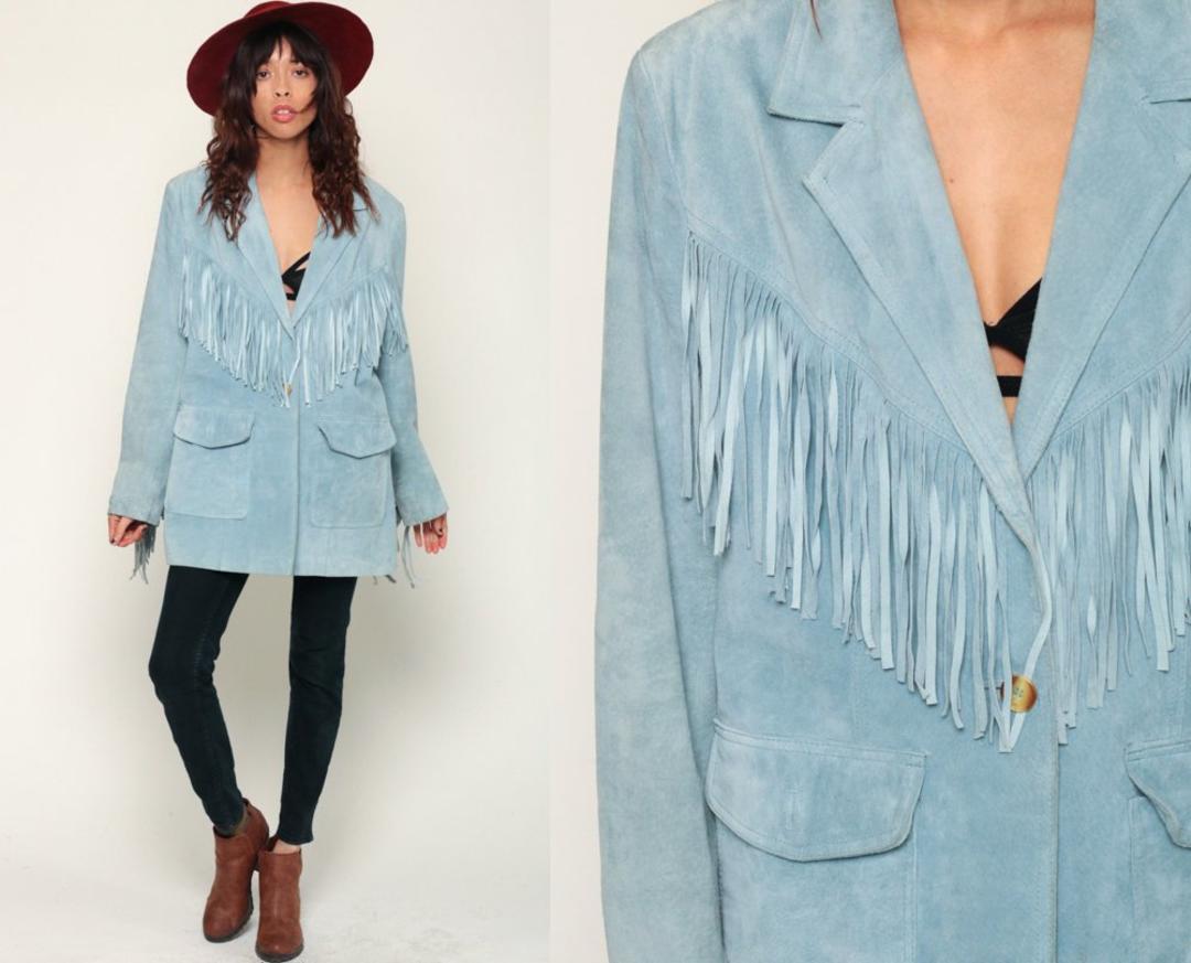 Blue suede outlet fringe jacket