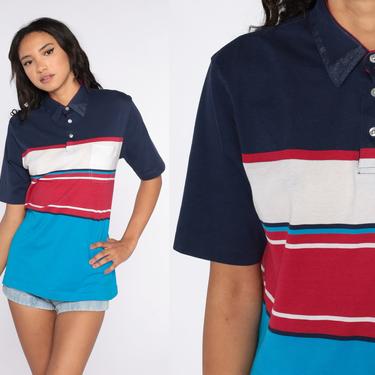 Blue Polo Shirt 80s Striped Shirt Navy Turquoise Red Half Button Up Shirt Retro Shirt Collared 1980s Nerd  Vintage Short Sleeve Small Medium 