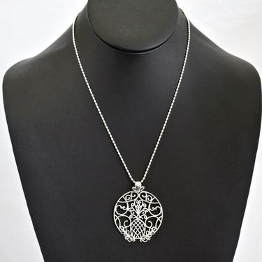 90's ornate sterling pineapple hip friendship pendant, big artisan made flat 925 silver filigree fruit oval beaded chain necklace, signed SG 