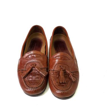Genuine Johnston &amp; Murphy Leather Brown Mens US 11.5 Woven Tassel Loafers Shoes 