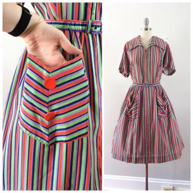 60s VOLUP Stripe Cotton Shirtwaist Dress / 1960s Vintage Dress with Pockets / XL / Size 20 