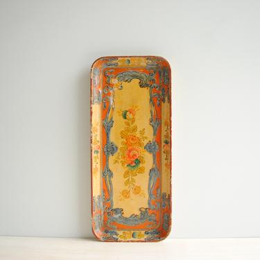 Vintage Hand Painted Tray from Japan in Orange, Yellow, and Blue, Decorative Floral Tray, Vanity Tray 