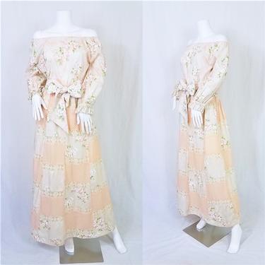 1970's Cottagecore Dream Dress! 2 Pc Peach Patchwork Maxi Skirt I Peasant Top I Blouse I Set I Sz Med 