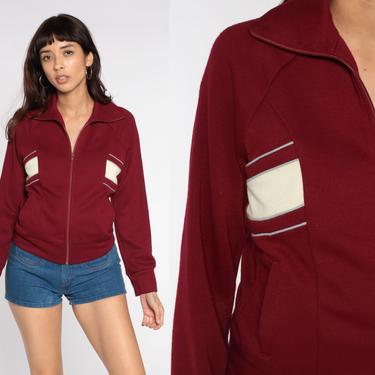 70s Track Jacket Burgundy Striped Jacket Zip Up Tennis Jacket Hipster Raglan Sleeve Jacket 1970s Sport Vintage Tracksuit Small Medium 