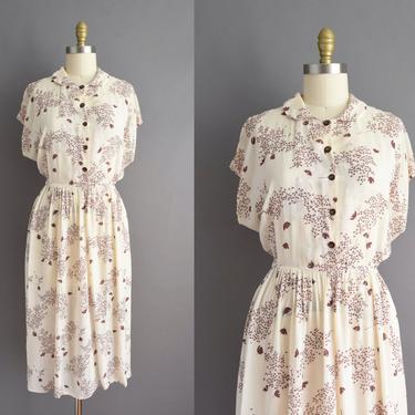 vintage 1950s dress | Gorgeous Brown Botanical Print Rayon Dress | XL | 50s vintage dress 