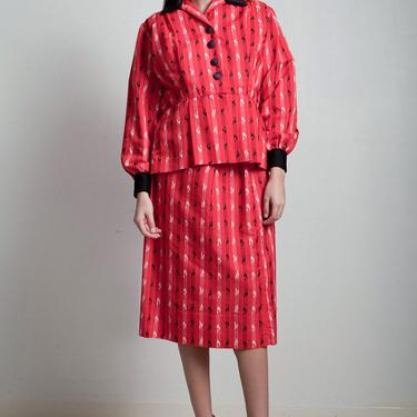 vintage 70s red skirt suit 3-piece peplum top blouse matching set long short sleeves stripe LARGE L 