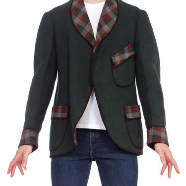 1900S Green Wool Men's Edwardian Smoking Jacket With Plaid Doubleweave 