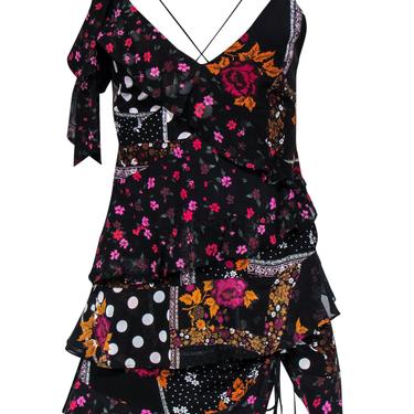 For Love &amp; Lemons - Black Floral Patchwork Printed Asymmetric Ruffled Dress Sz S