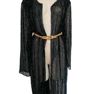 80s Vintage sequin duster, long black sequin duster, heavily embellished sheer coat, beaded opera coat, duster coat size large l 14 
