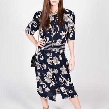 Vintage 1980s Midi Dress w/ Navy & Ivory Print 