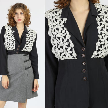 80s Black &amp; White Crochet Trim Blouse - Medium | Vintage Button Up Long Sleeve Blazer Top 