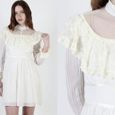 Vintage 70s Gunne Sax Dress / Ivory Gauze Romantic Deco Dress / Plain Sheer Floral Lawn Mini / Victorian High Neckline Size 11 