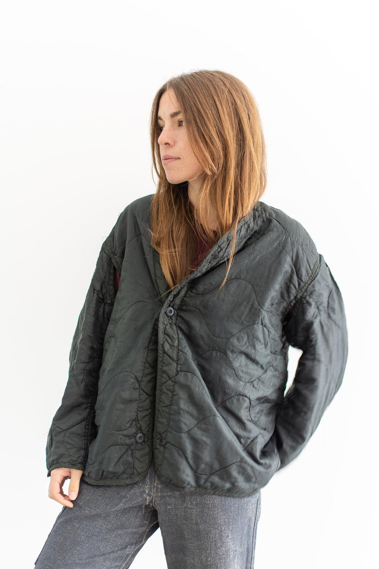 Vintage Black Liner Jacket Quilted Nylon Coat Wavy Liner Layer