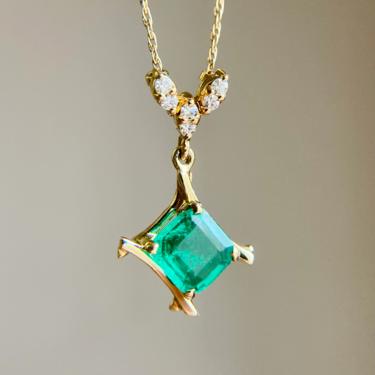 Vintage Jabel 18K Yellow Gold Emerald & Diamond Pendant Necklace w/ 14K Chain 