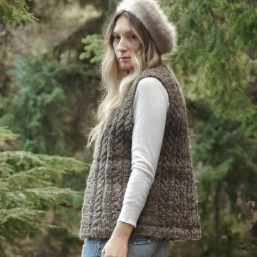 70s Vintage Cardigan Sweater Vest |  Marled Gray Cable Knit Wool Vest | | Boho Chunky Wool Vest | Rustic Wooden Button Waistcoat 