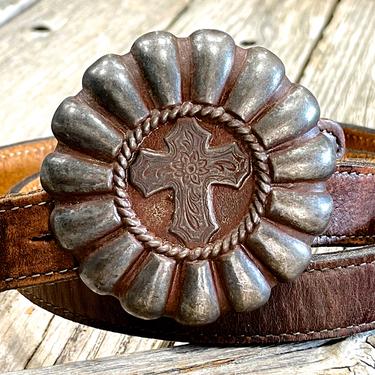 VINTAGE: Boho Rustic Distressed Leather Belt with Cross Buckle - Hippie Leather Belt - SKU 3-D1-00008551 
