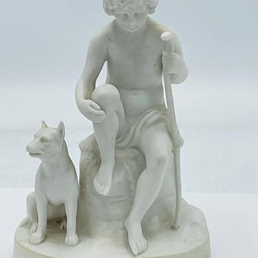 Vintage Hertwig Porcelain bisque Figurine Featuring a Boy and his dog- 1940's Germany- 6&quot; 