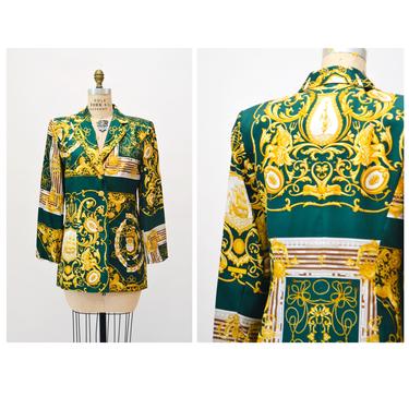 90s Vintage Louis Feraud Silk Jacket Scarf Print Silk Jacket with Poseidon Nautical Print Sun Medium Green Yellow Scarf Print Blazer Jacket 