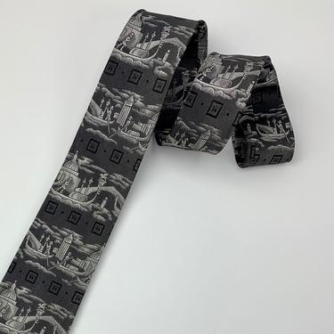 1950'S-60'S Venice, Italy Tie - Silk and Rayon Blend - PENNY'S TOWNCRAFT - Gray, Silver & Black 