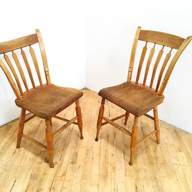 Early 1800s Primitive Chairs Windsor Farmhouse Pair Pegged Handmade Spindle Slat Back Maple Turned 