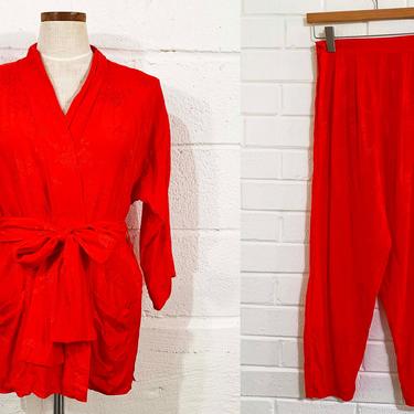 Vintage Robe Leisure Fashions Red Smoking Jacket Nightgown Pajamas Pajama Set PJ Pants Asian Floral Flowers Flower Lingerie Small XS 
