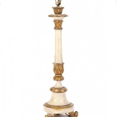 Vintage Italian Florentine Distressed Painted & Carved Gilt Wood Candlestick Table Lamp, circa 1960s 