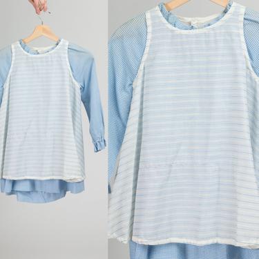 60s Blue Gingham Apron Toddler Dress - Size 5 | Vintage Calliope Long Sleeve Retro Kids Clothing 