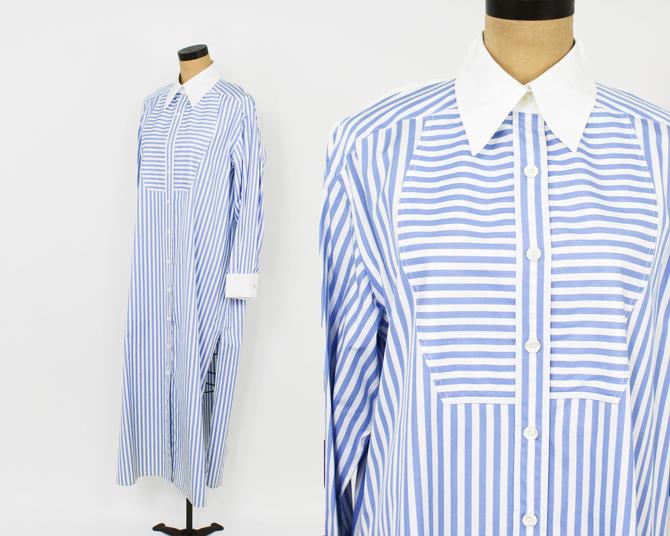 80s Chanel Striped Shirt Dress, Blue & White Cotton Striped Dress, Glenna's Clothing