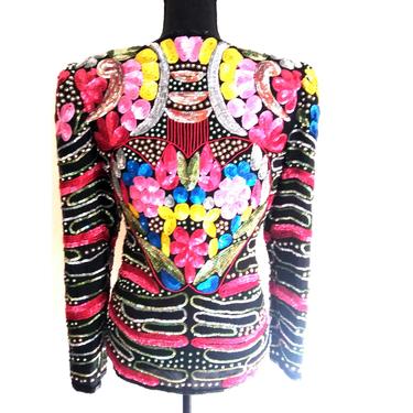 Vintage Embellished sequined HEART ART DECO beaded Tropy jacket abstract colored cocktail party dress bolero size small s medium m 8 