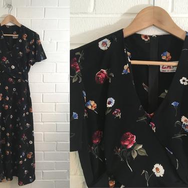 Vintage store 1980s Black Short Sleeve Floral Fit and Flare Dress