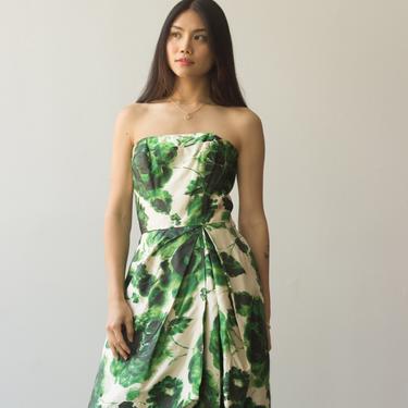 1950s Creme and Green Floral Silk Cocktail Dress 