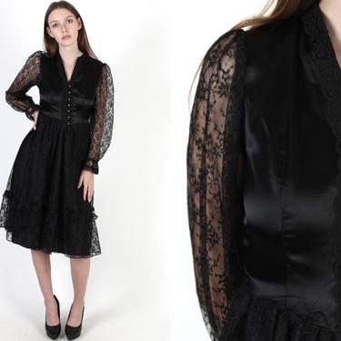 90's Black Long Sleeve With Upper Floral Lace and Sheer Lingerie Dress –  Hamlets Vintage
