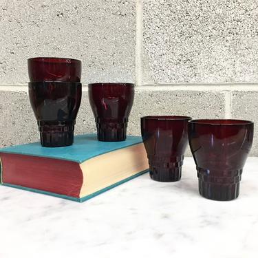 Vintage Drinking Glasses Retro 1980s Anchor Hocking + Windsor Pattern + Ruby Red + Set of 5 Matching + Juice Glasses + 8 Oz + Kitchen Decor 