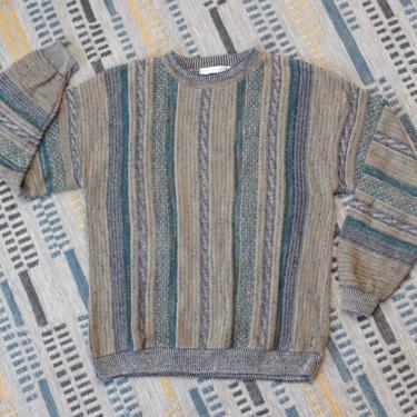 Vintage 1990s Grandpa Sweater - Striped Blue &amp; Beige Cotton Knit Hippie Oversize Sweater - L 