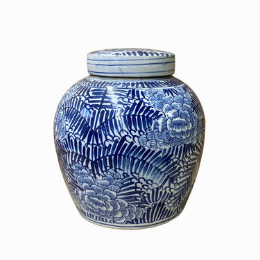 Chinese Blue &amp; White Flower Pattern Graphic Porcelain Ginger Jar ws1234E 