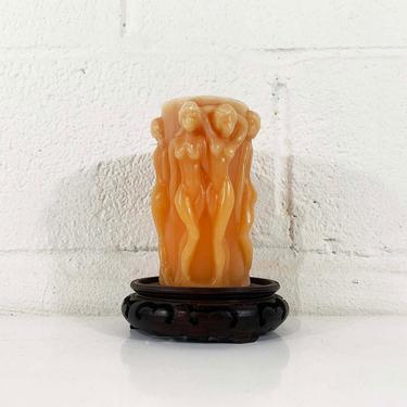 Vintage Art Deco Candle Nude Women Retro Home Decor Boho Hippie Wooden Stand Wood Pillar 