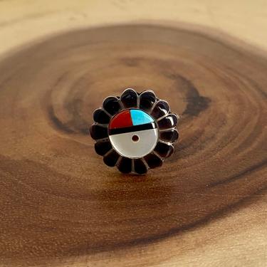 SUN WORSHIP Vintage Zuni Sun Face Ring | Silver with Turquoise Coral Jet Inlay | Native American Zuni Southwestern Jewelry, Size 10 1/4 