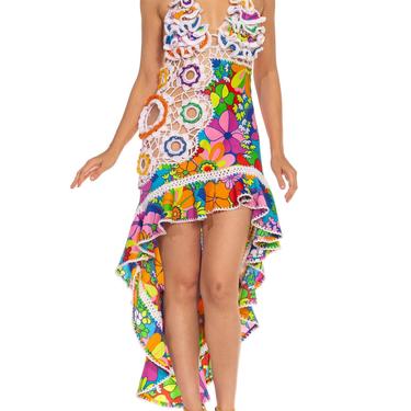 Morphew Collection Rainbow Nylon Hand Crocheted Cocktail Dress Made From 1960'S Psychedelic Fabric 