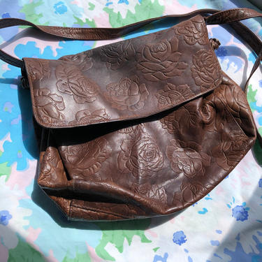 Vintage 70s Leather Purse, Brown Tooled Genuine Leather Rose Pattern Bag by Florenzo Italian Influence 