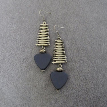 Bronze ethnic earrings, chandelier earrings, statement earrings, chunky bold earrings, mid century earrings, black triangle earrings, modern 