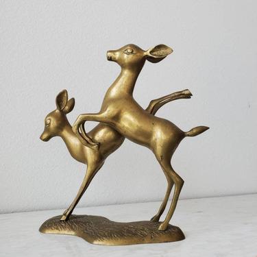 Mid-Century Hollywood Regency Brass Leaping Deer Sculpture 