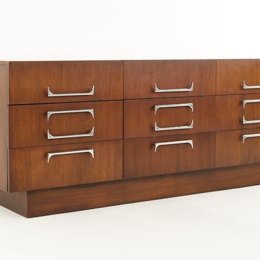 Craft Associates Mid Century Walnut and Chrome 9 Drawer Lowboy Dresser - mcm 