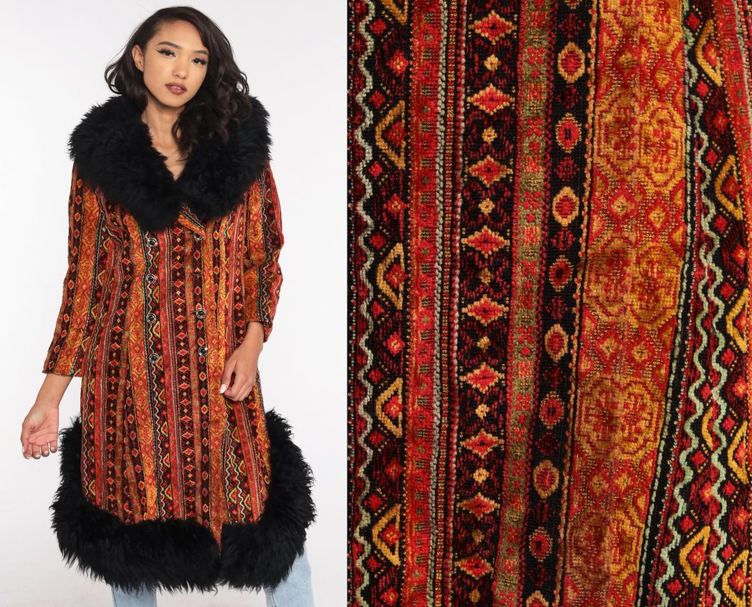 1970s Tapestry Coat with Large Fur Collar