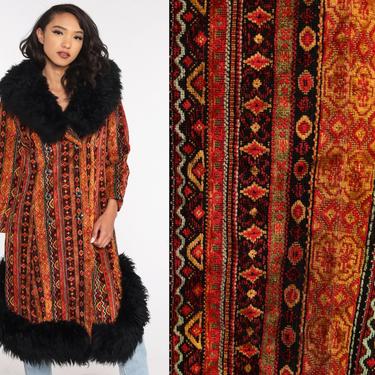 1970's vintage tapestry woven coat with faux fur collar and cuffs