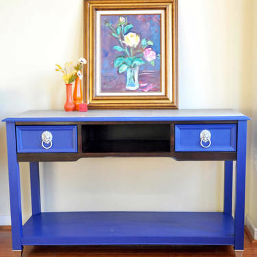Blue Chevron Console, Solid Wood Buffet, Painted Furniture, Silver Hardware, Lion Drawer Pull, Distressed Decoupage, Living Room, Sofa Table 