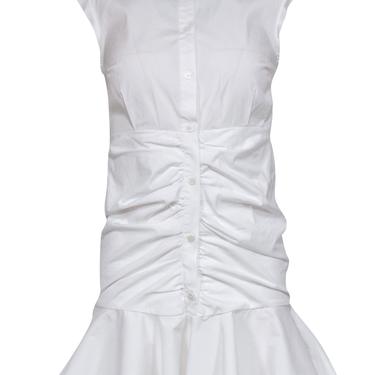 Veronica Beard - White Ruched Button-Up Shirt-Style Sheath Dress w/ Flounce Hem Sz 0